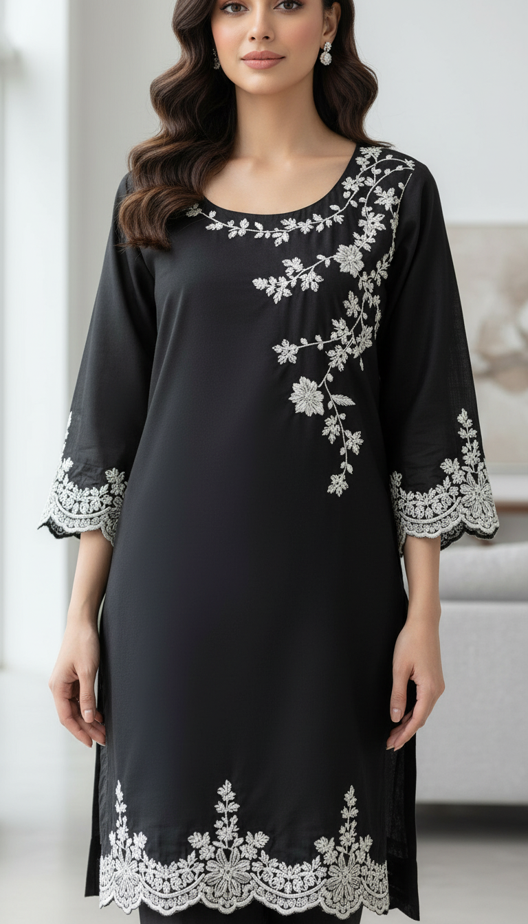 Embroidered Black Kurta Set view 4