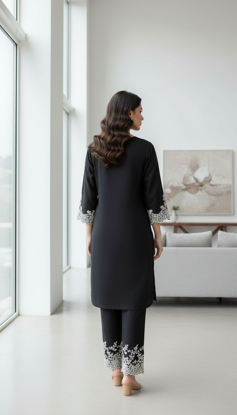 Embroidered Black Kurta Set view 3