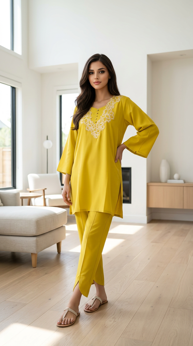 Yellow Embroidered Tunic Set view 5