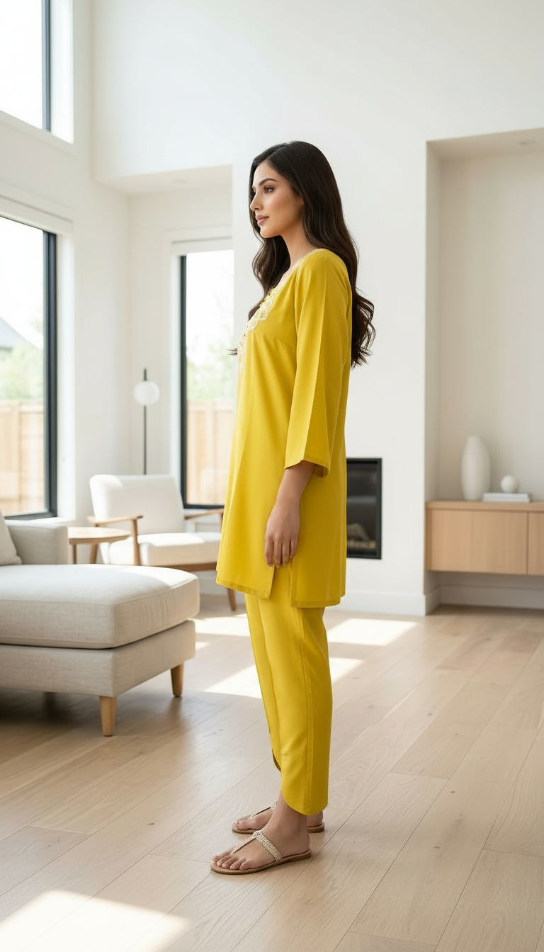 Yellow Embroidered Tunic Set view 2