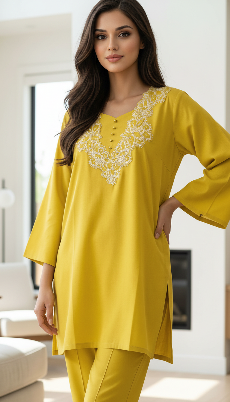 Yellow Embroidered Tunic Set view 4