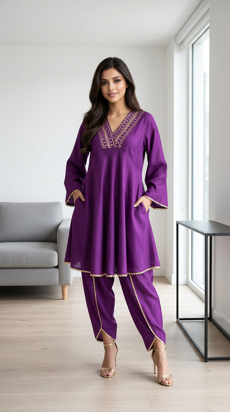 V Neck Kurta Set view 3