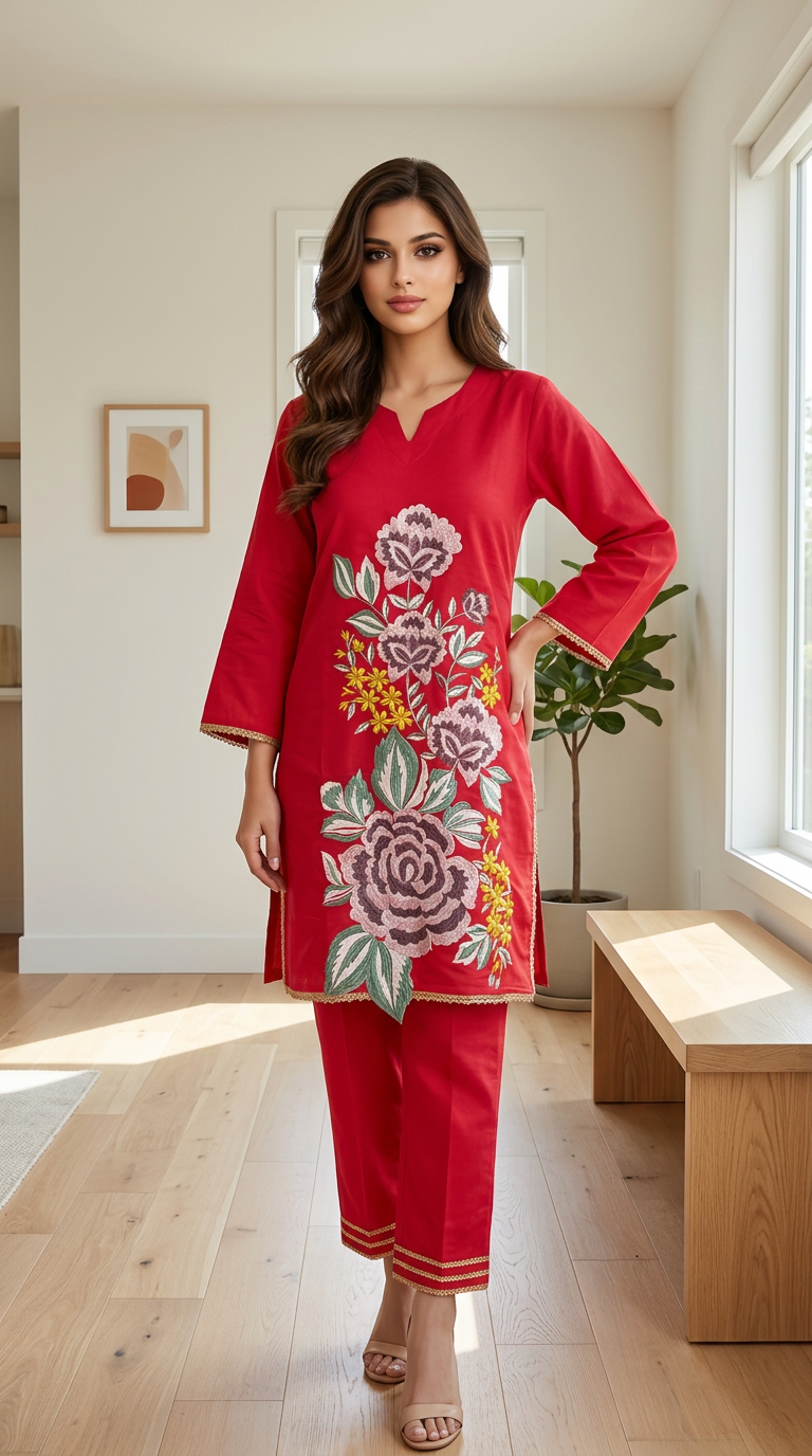 Floral Embroidered Kurta Set view 5