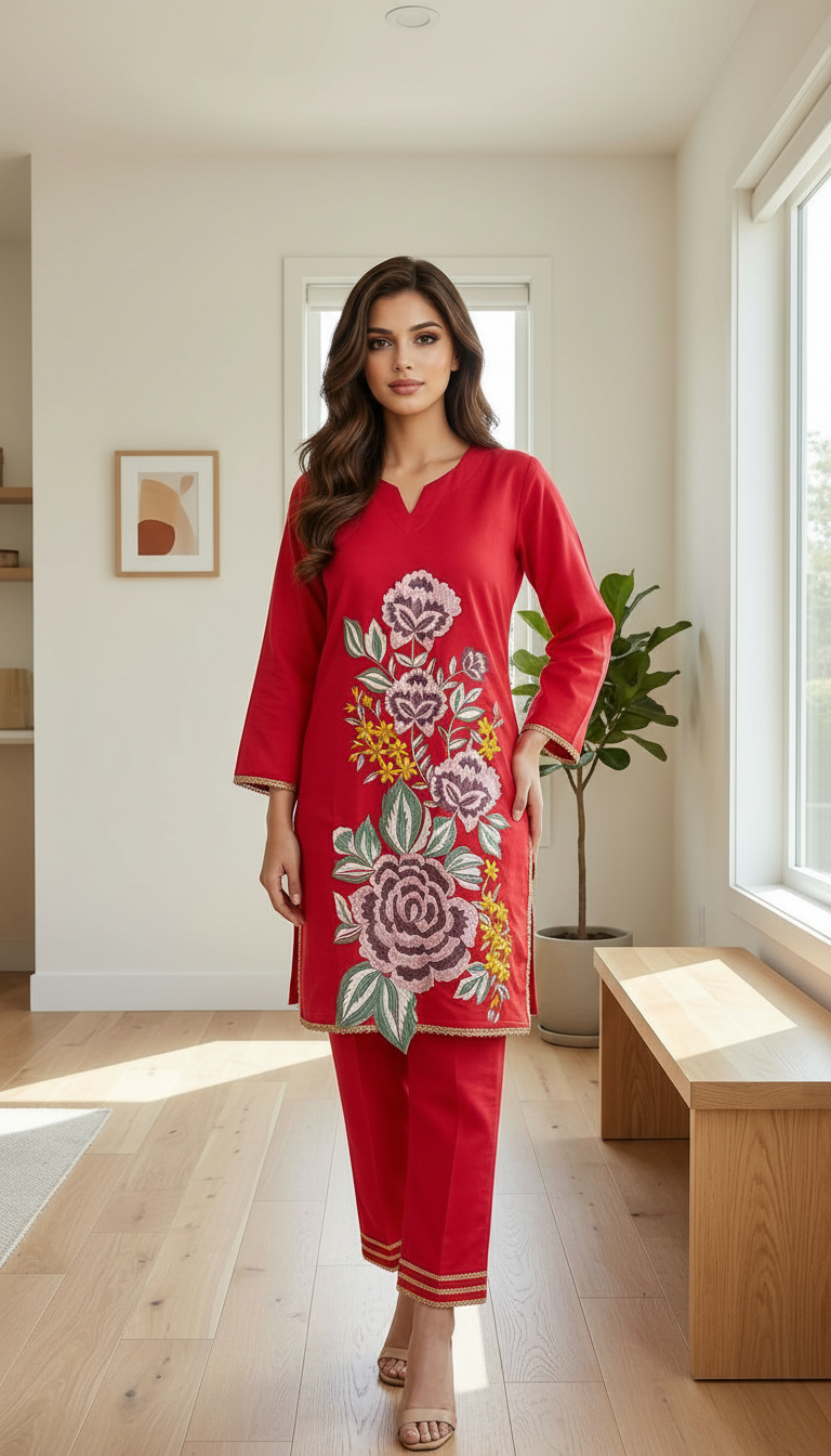Floral Embroidered Kurta Set view 4