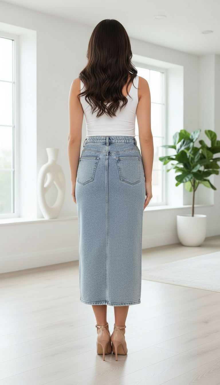 Blue Denim Long Skirt Front Cut view 4