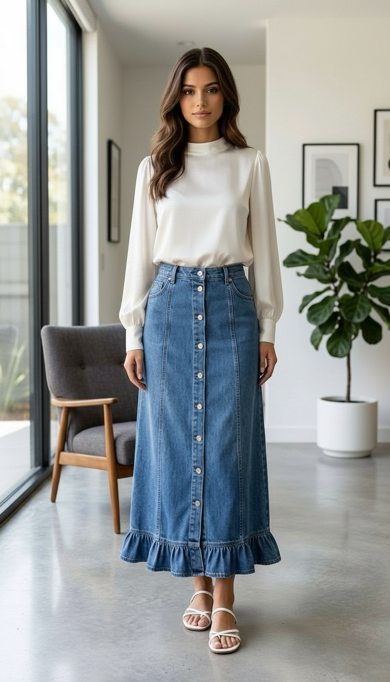 Denim Long Skirt view 2