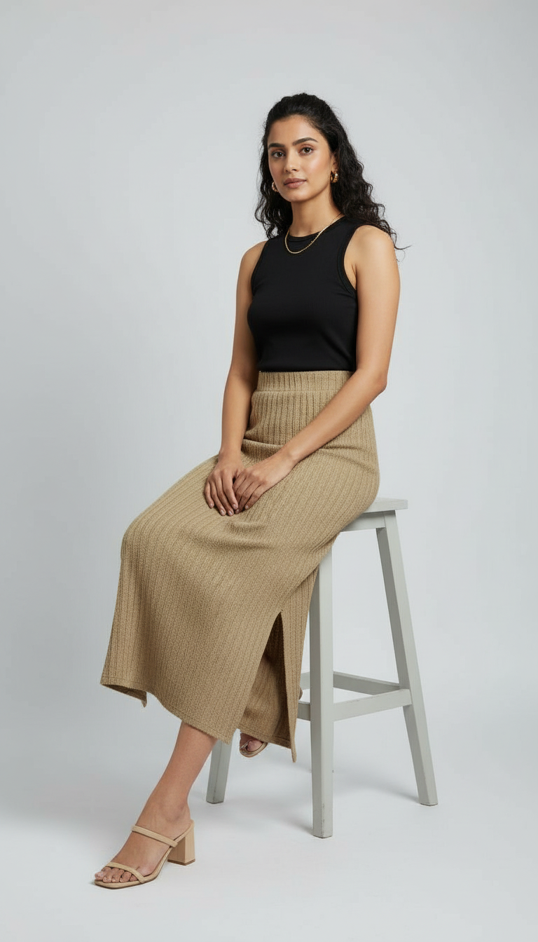 Casual Long Skirt Double Side Slit Beidge view 4