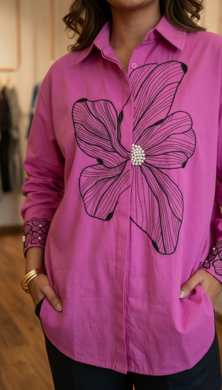 Floral Embroidered Pink Baggy Shirt view 2