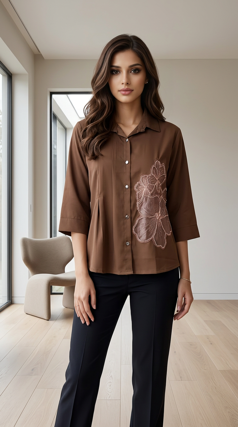 Embroidery, Flower Brown Shirt view 5