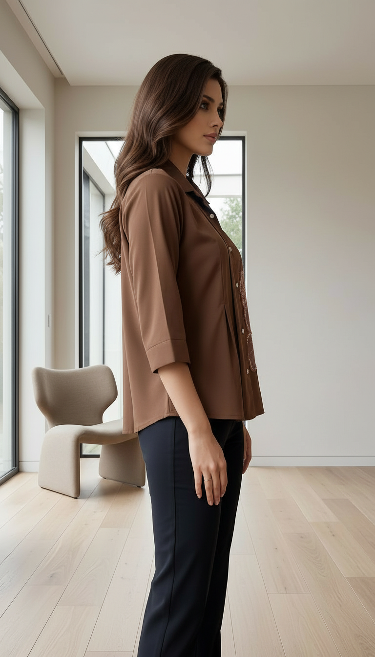 Embroidery, Flower Brown Shirt view 4