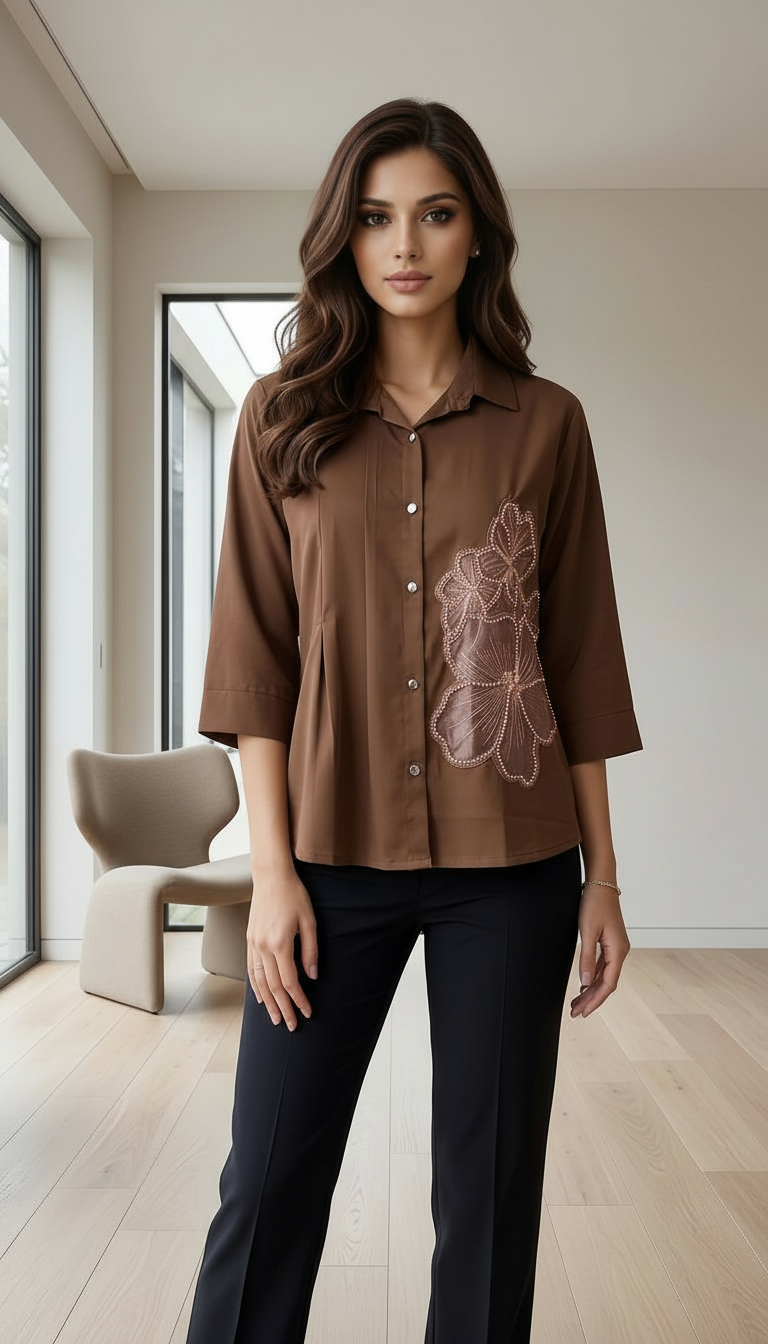 Embroidery, Flower Brown Shirt view 2