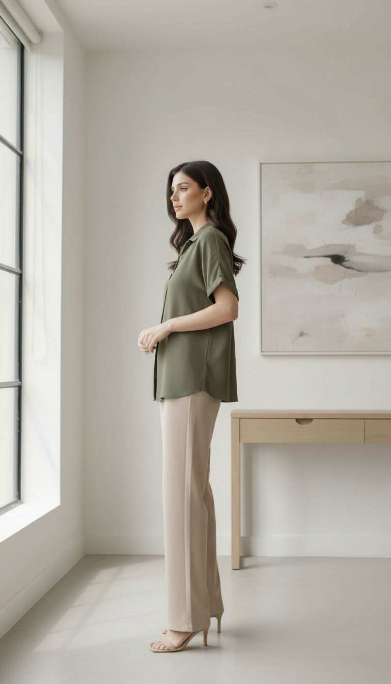 Olive Green V Neck Top view 3