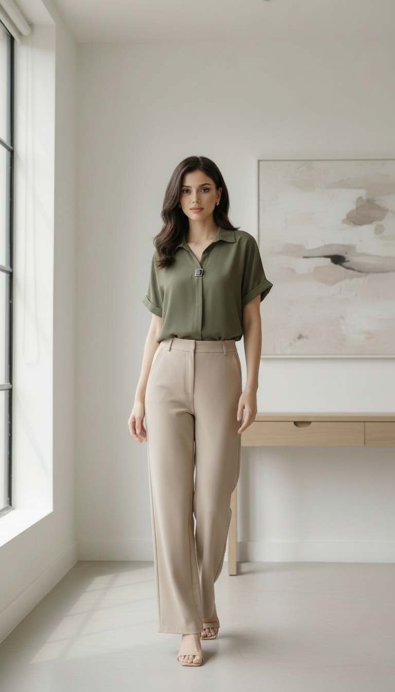 Olive Green V Neck Top view 2
