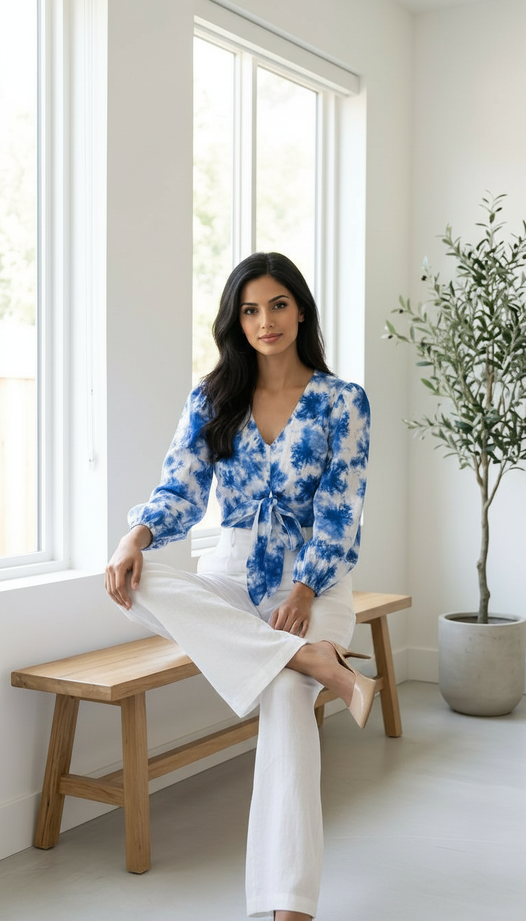 Blue And White Tie-Dye Crop Top view 4