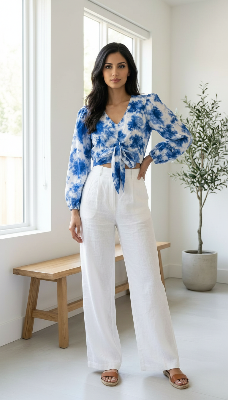 Blue And White Tie-Dye Crop Top view 3