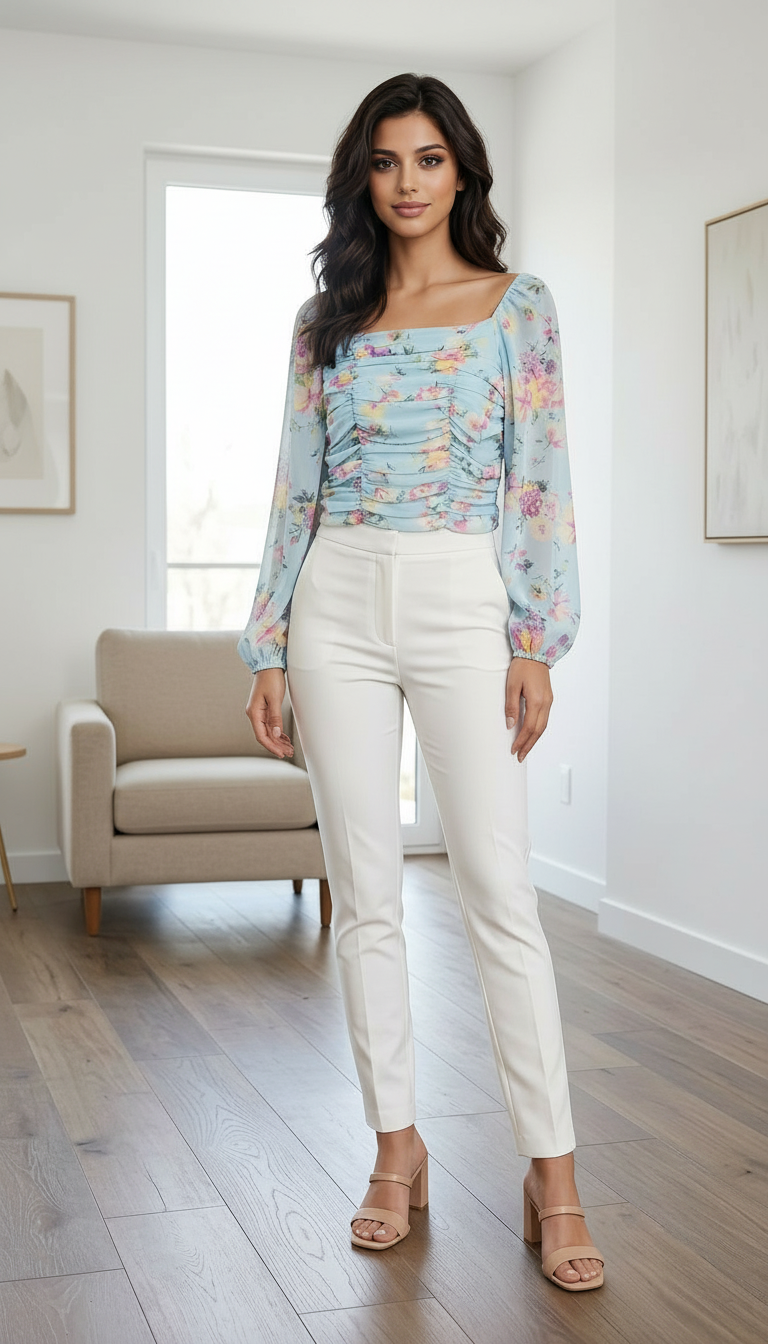 Floral Print Full Sleeve Crop Top view 3