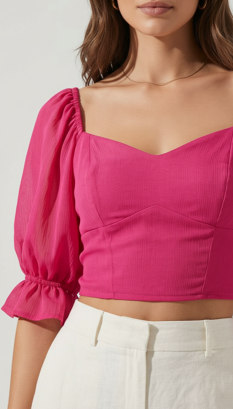 Elegant Puff Sleeve Crop Top Pink view 2