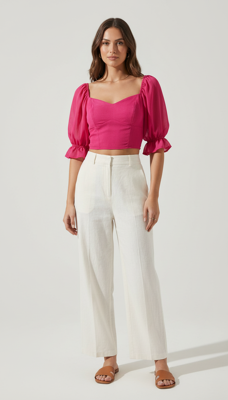 Elegant Puff Sleeve Crop Top Pink view 3