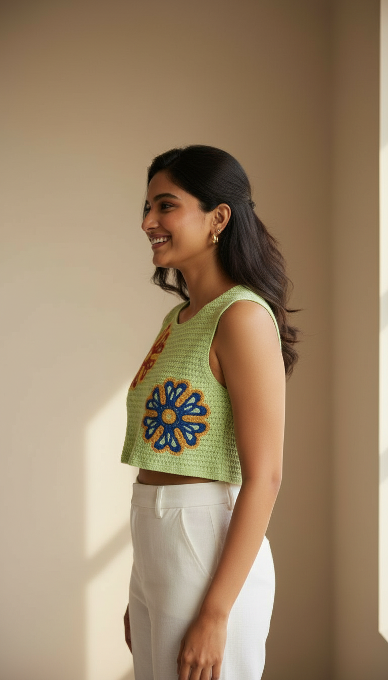 Floral Crosia Short Top Green view 4
