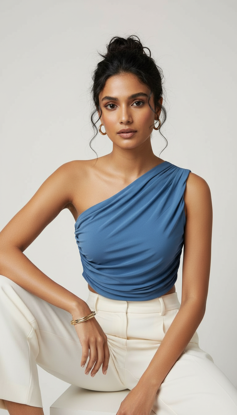 One-Shoulder Blue Crop Top view 3