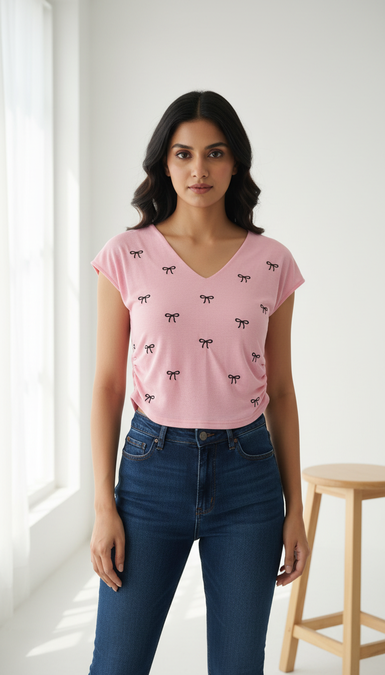 Pink Bow Print Top view 5
