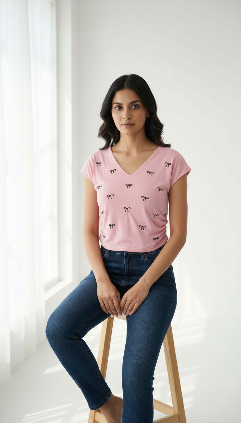 Pink Bow Print Top view 4
