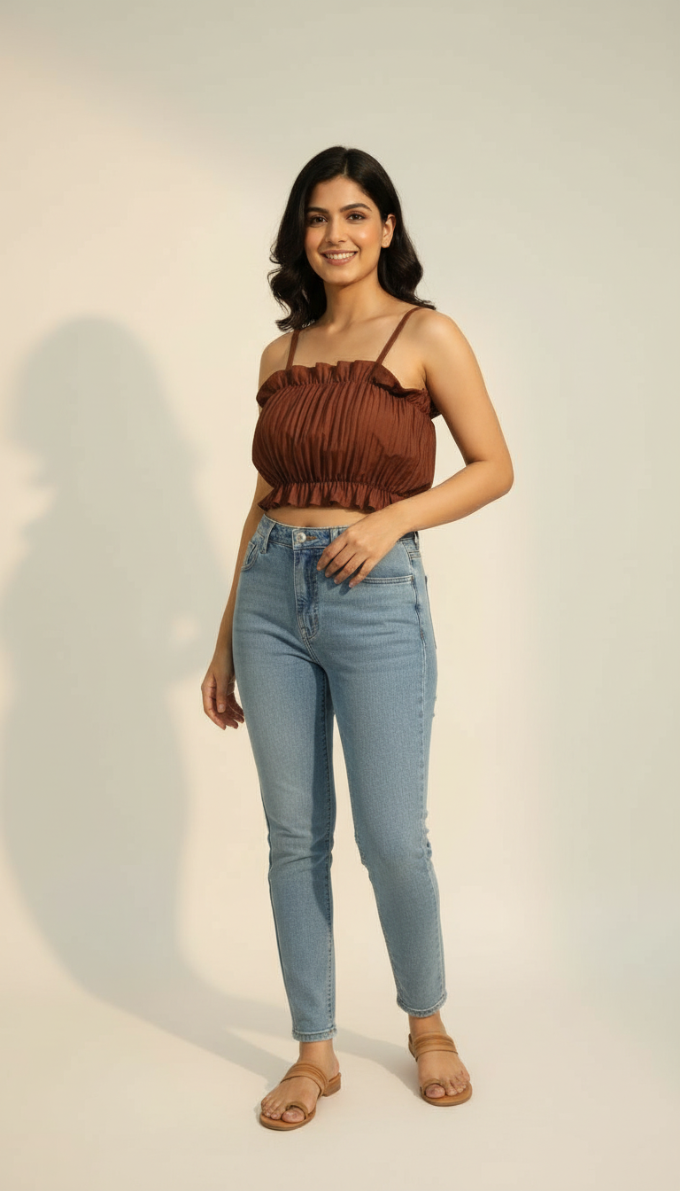 Brown Ruffled Crop Top view 3