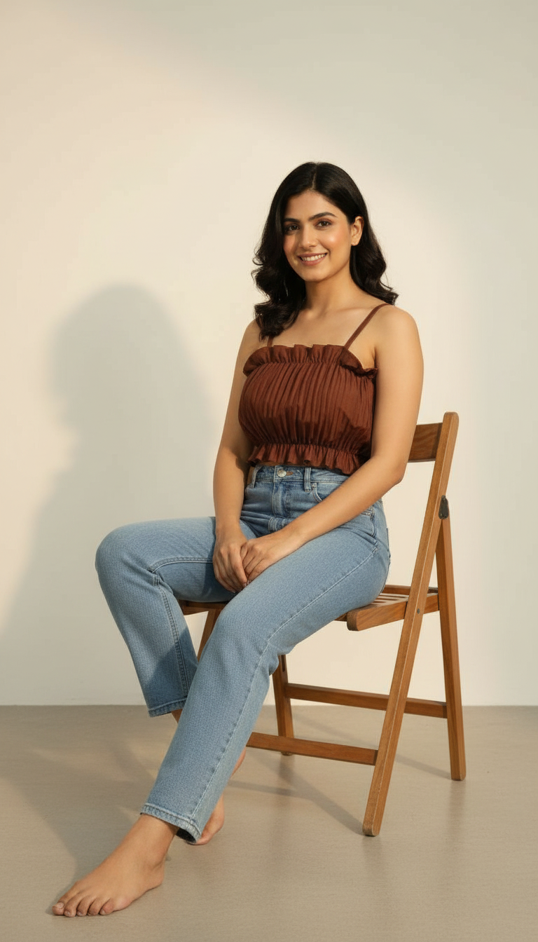 Brown Ruffled Crop Top view 4