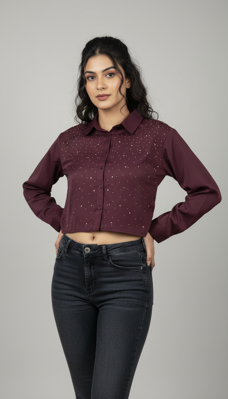 Embellished Maroon Crop Shirt Top view 6