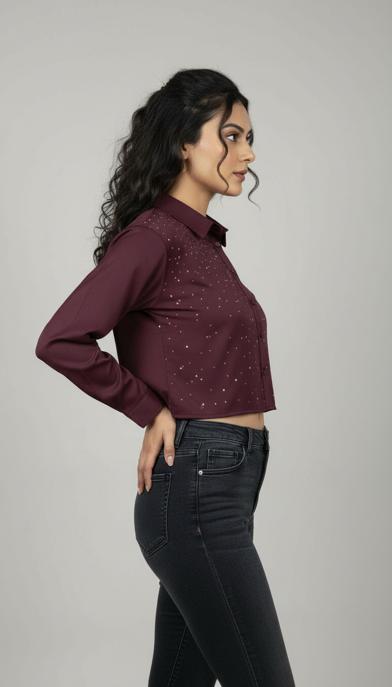 Embellished Maroon Crop Shirt Top view 3