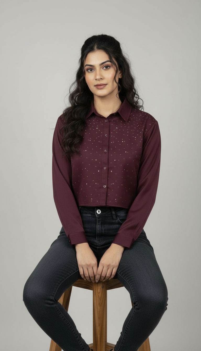 Embellished Maroon Crop Shirt Top view 5