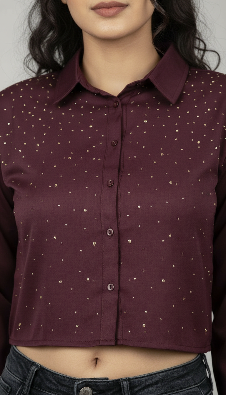 Embellished Maroon Crop Shirt Top view 2