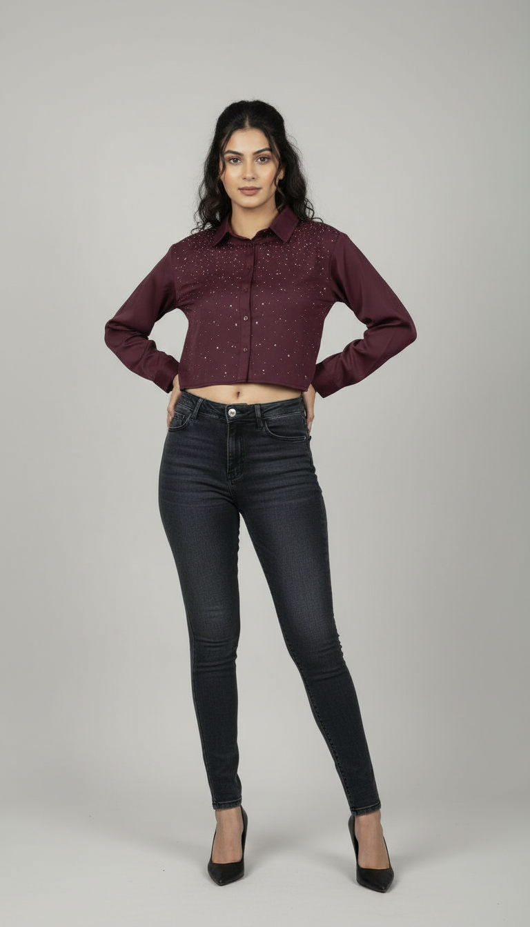 Embellished Maroon Crop Shirt Top view 4