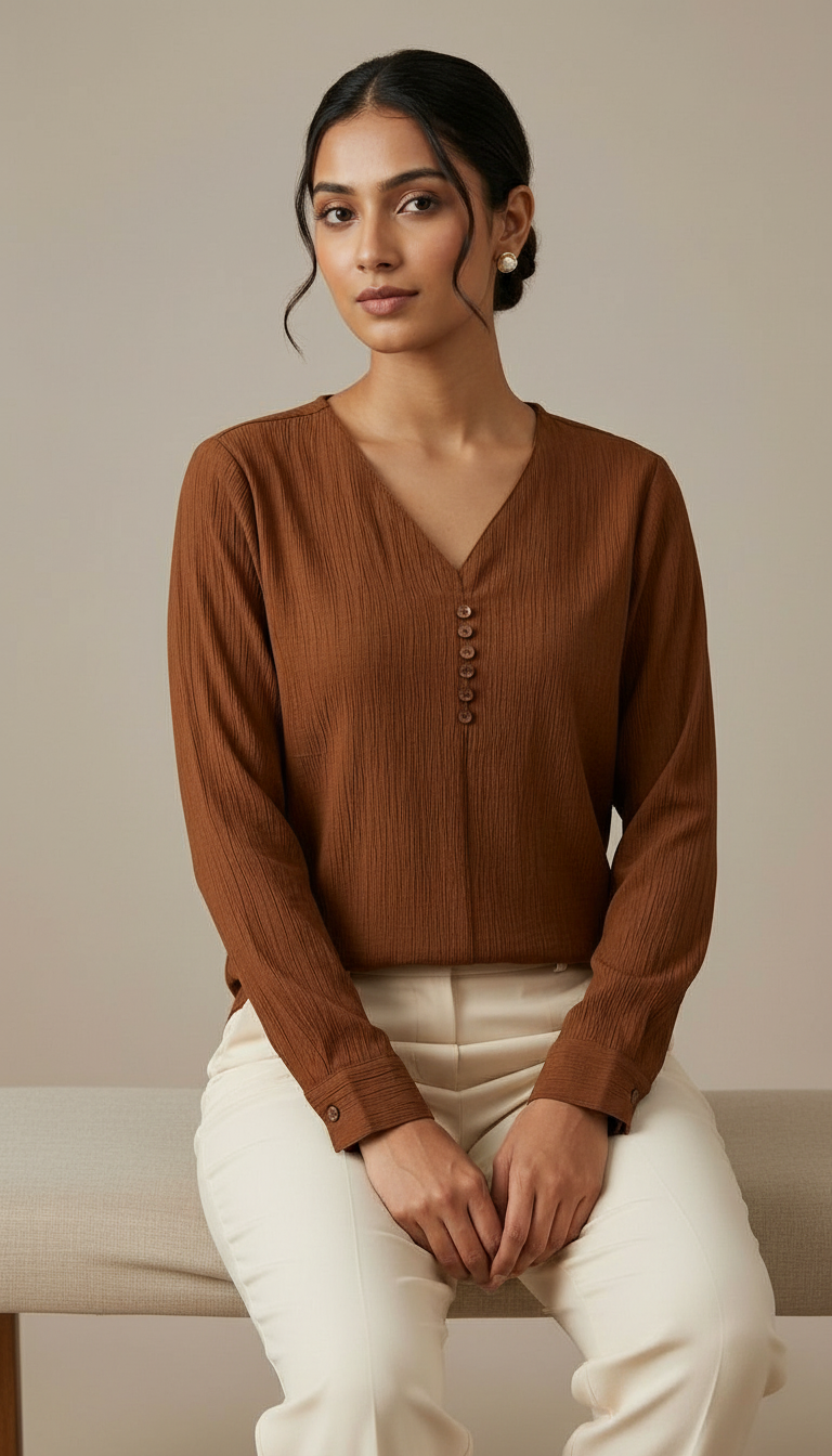 Brown V-Neck Top Formal view 5