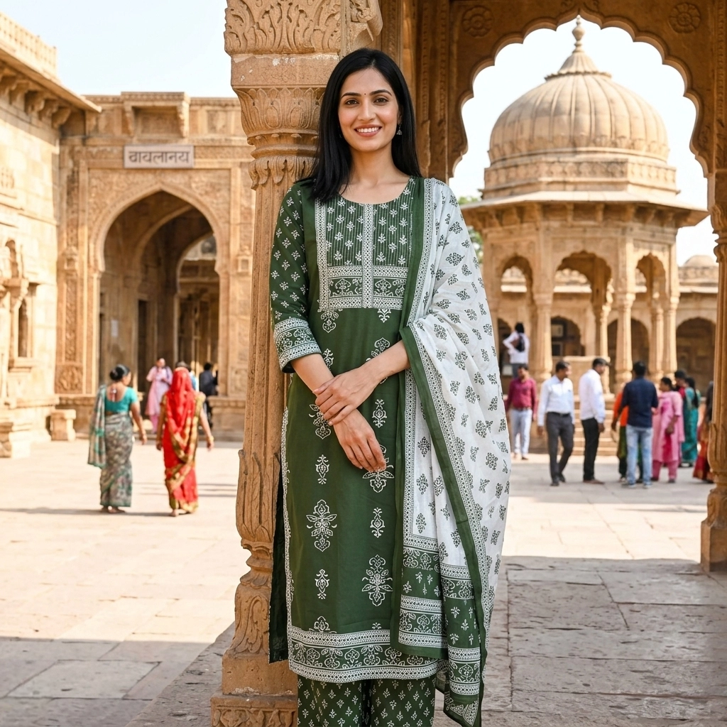 Green Printed Kurti Set view 2