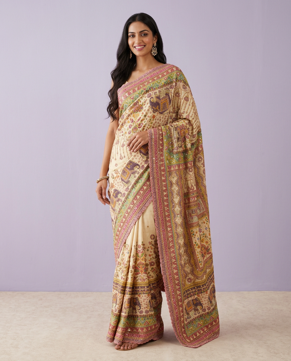 Traditional Saree with Elephant Motif