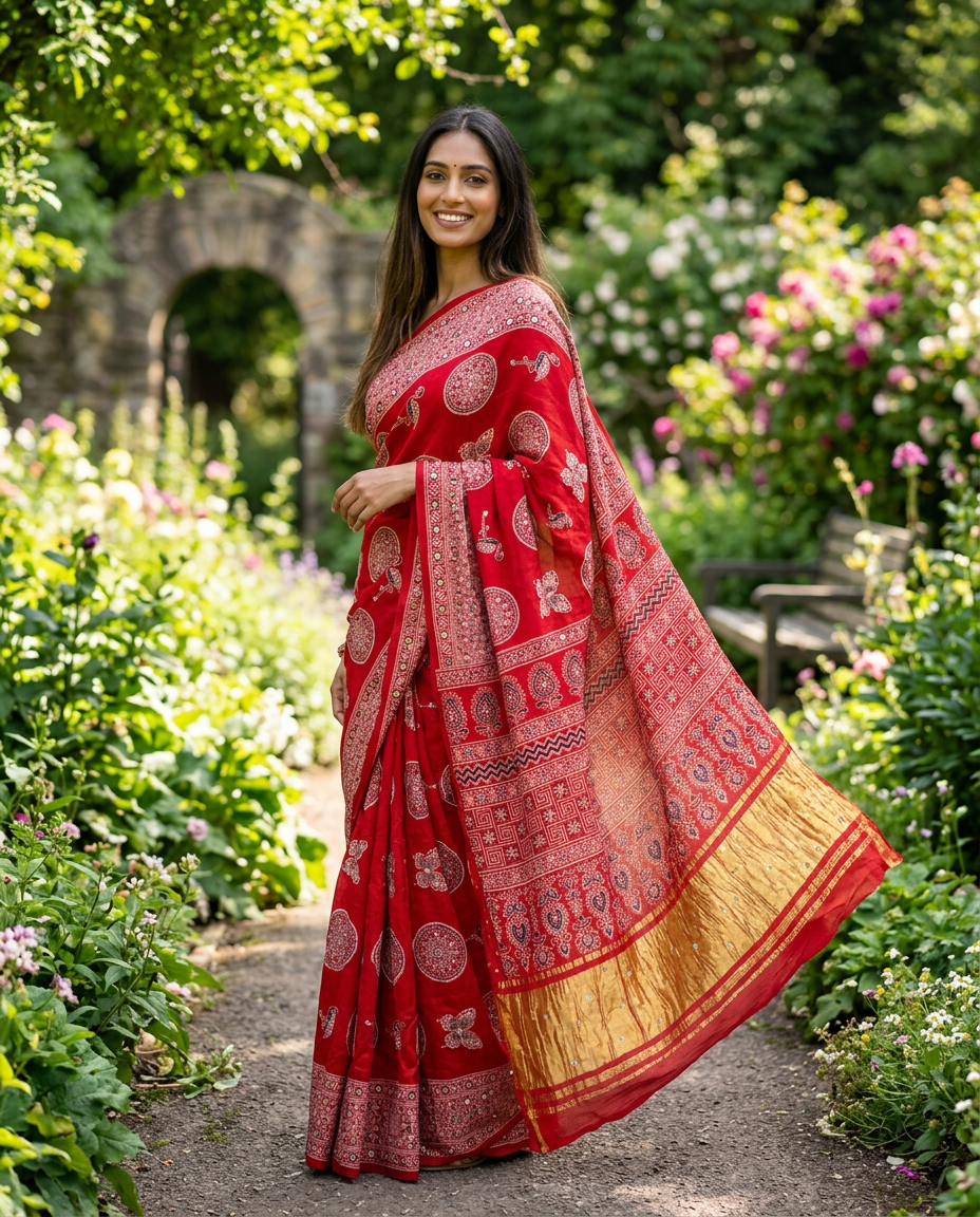 Traditional Red Ajrakh Saree