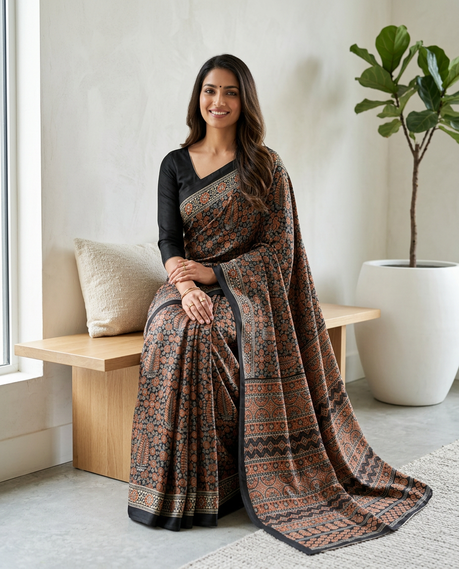 Ajrakh Black Printed Sareee