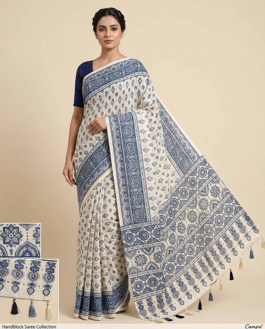White & Blue Ajrakh Saree