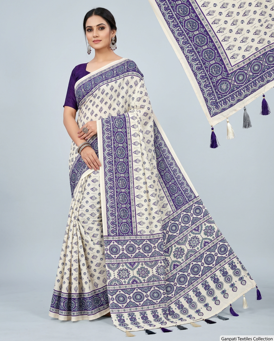 White & Purple Ajrakh Saree