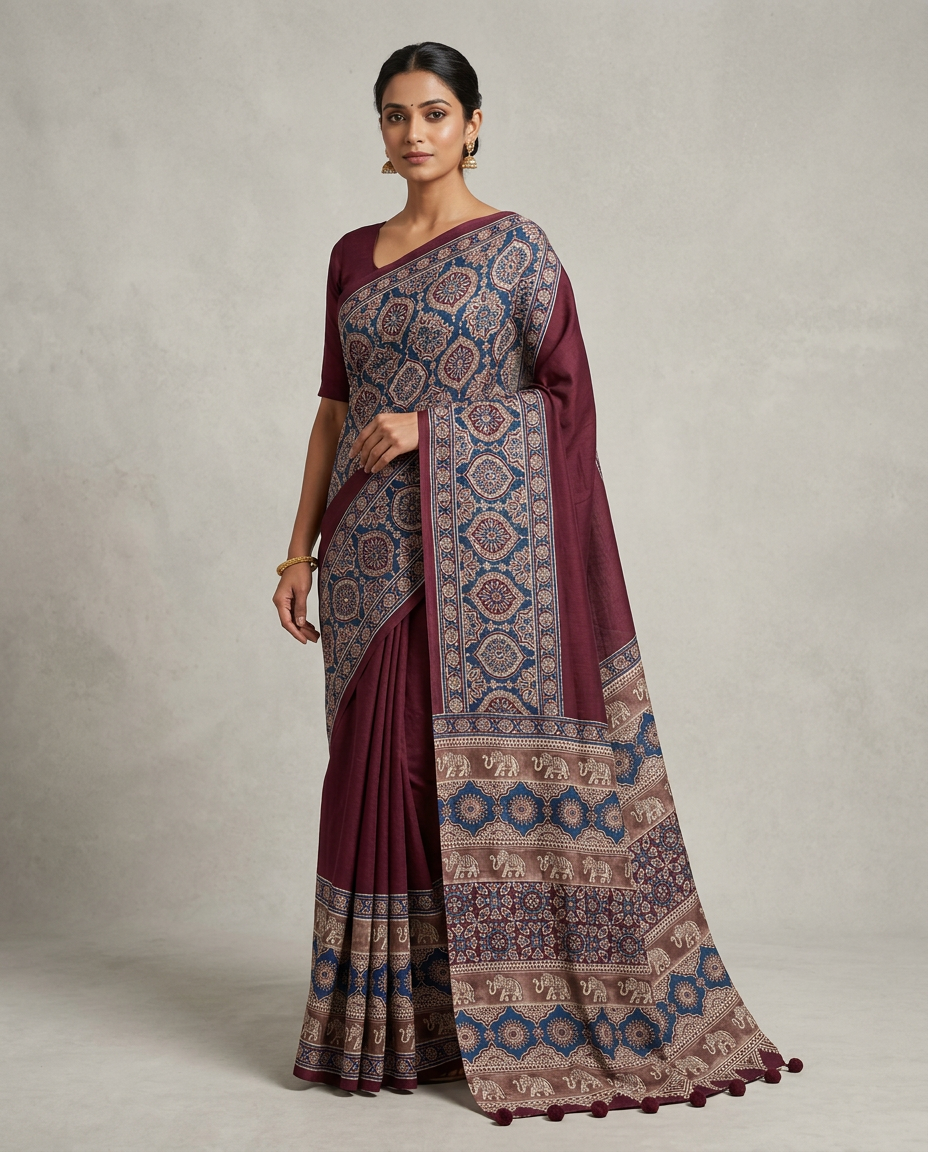 Wine Ajrakh Print Saree