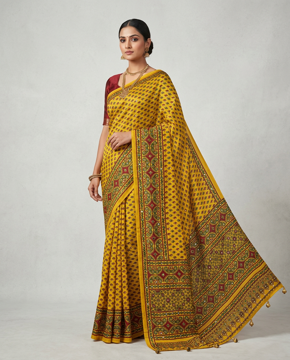 Yellow Ajrakh Saree