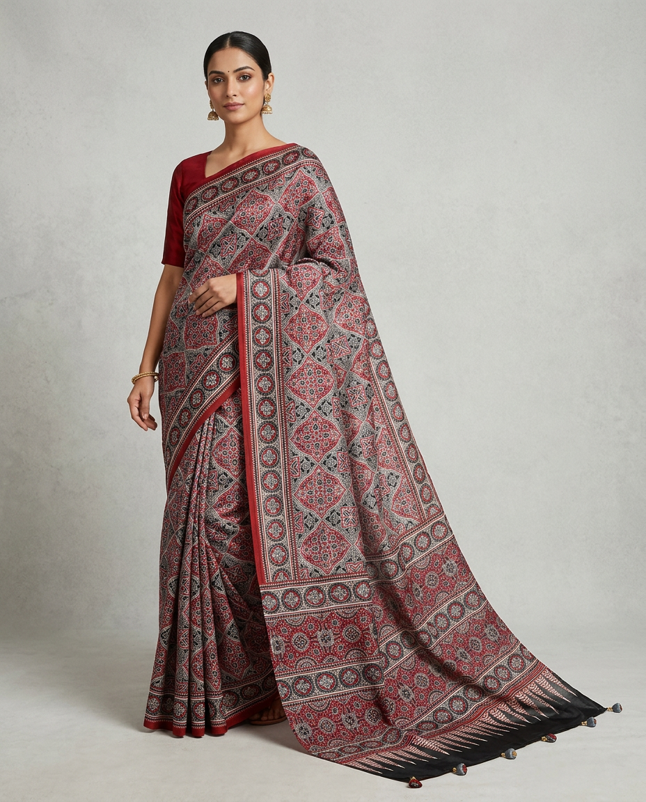 Cherry Red Ajrakh Saree