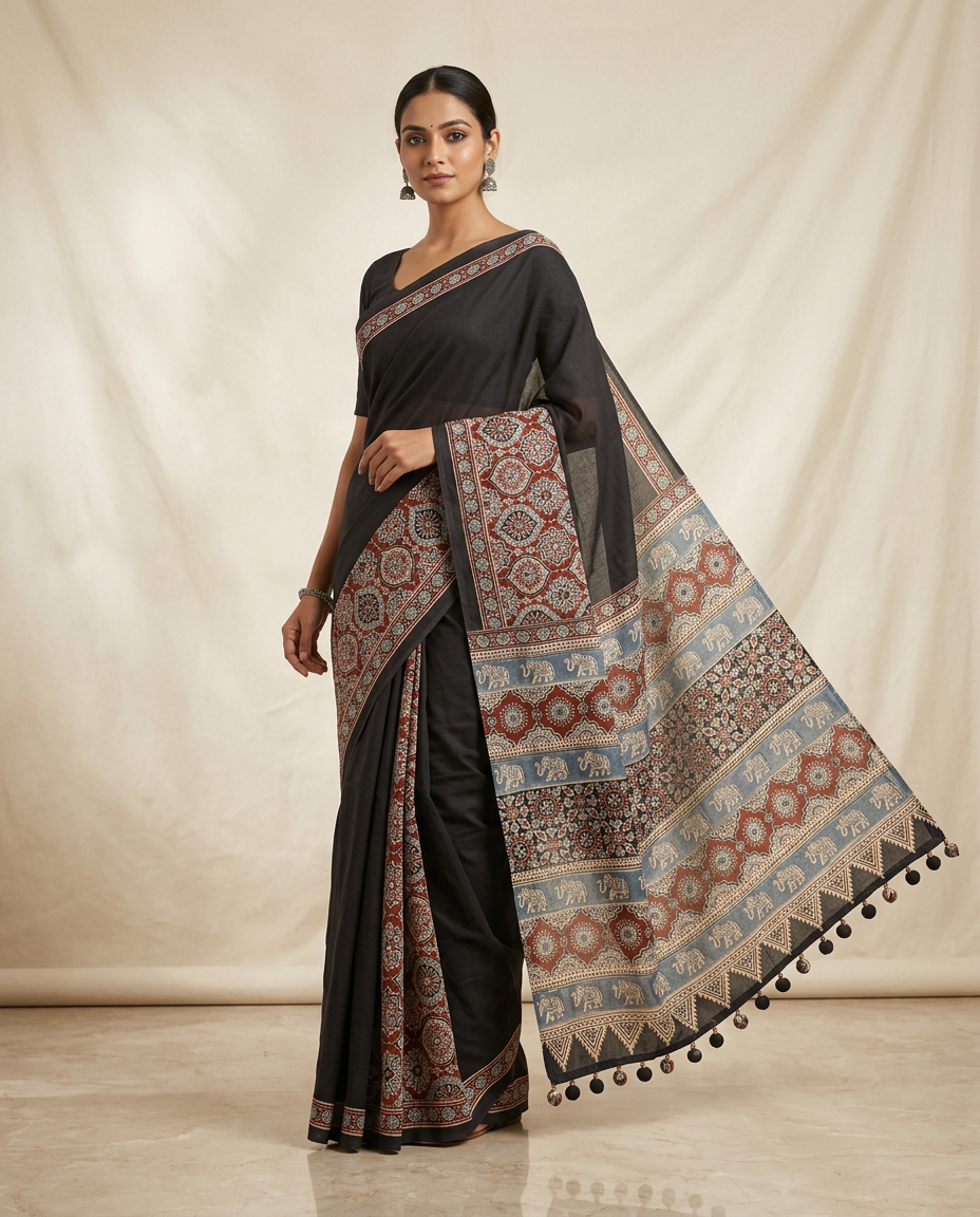 Black Half Pallu Ajrakh Saree