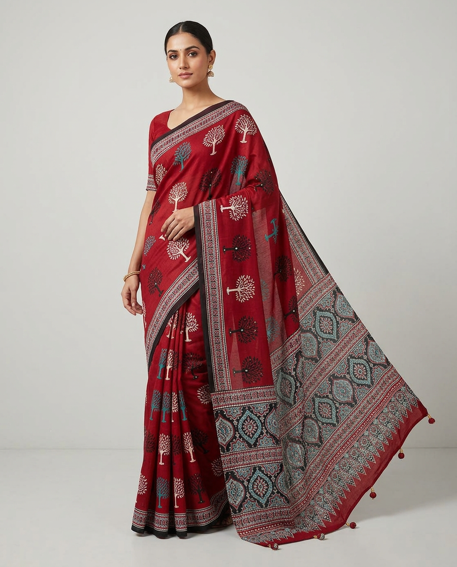 Ajrakh Red Saree