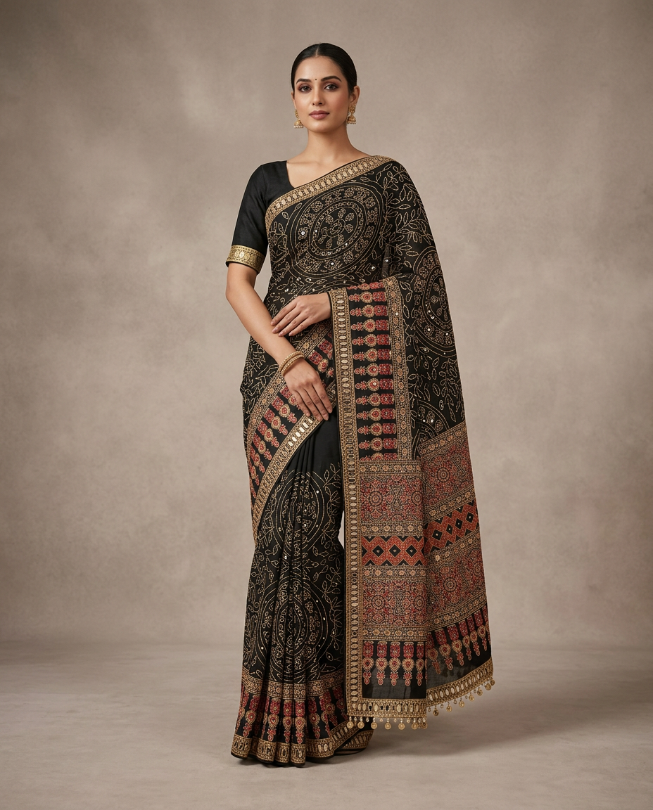 Black Ajrakh Print Saree