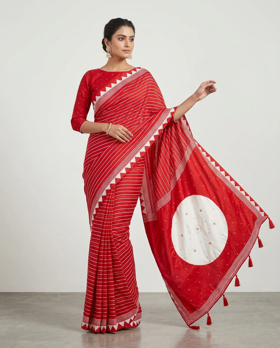 Red Saree with Geometric Borders