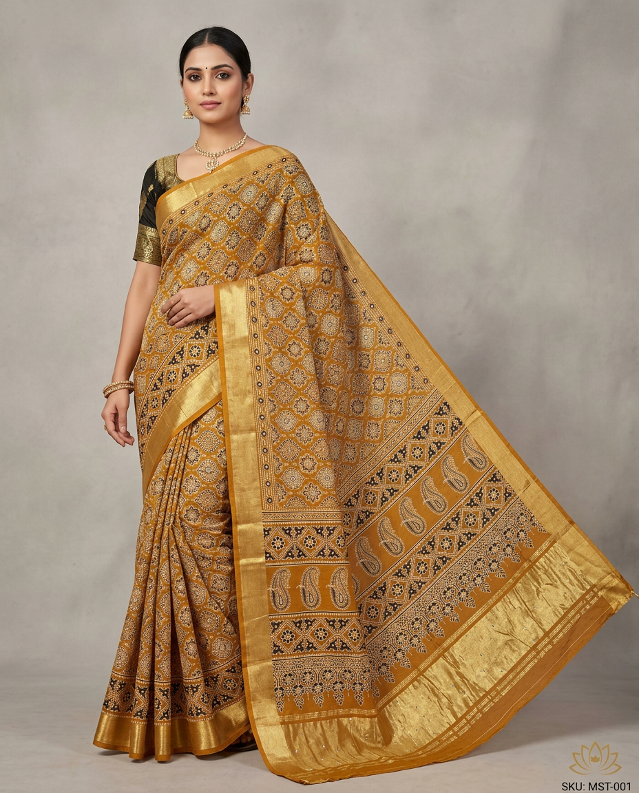 Yellow Badam Silk Aajrakh Saree