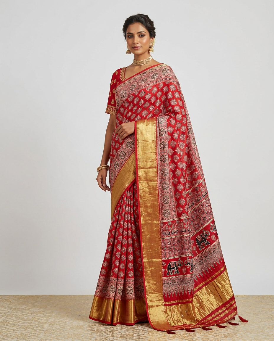 Red Circle Ajrakh Saree