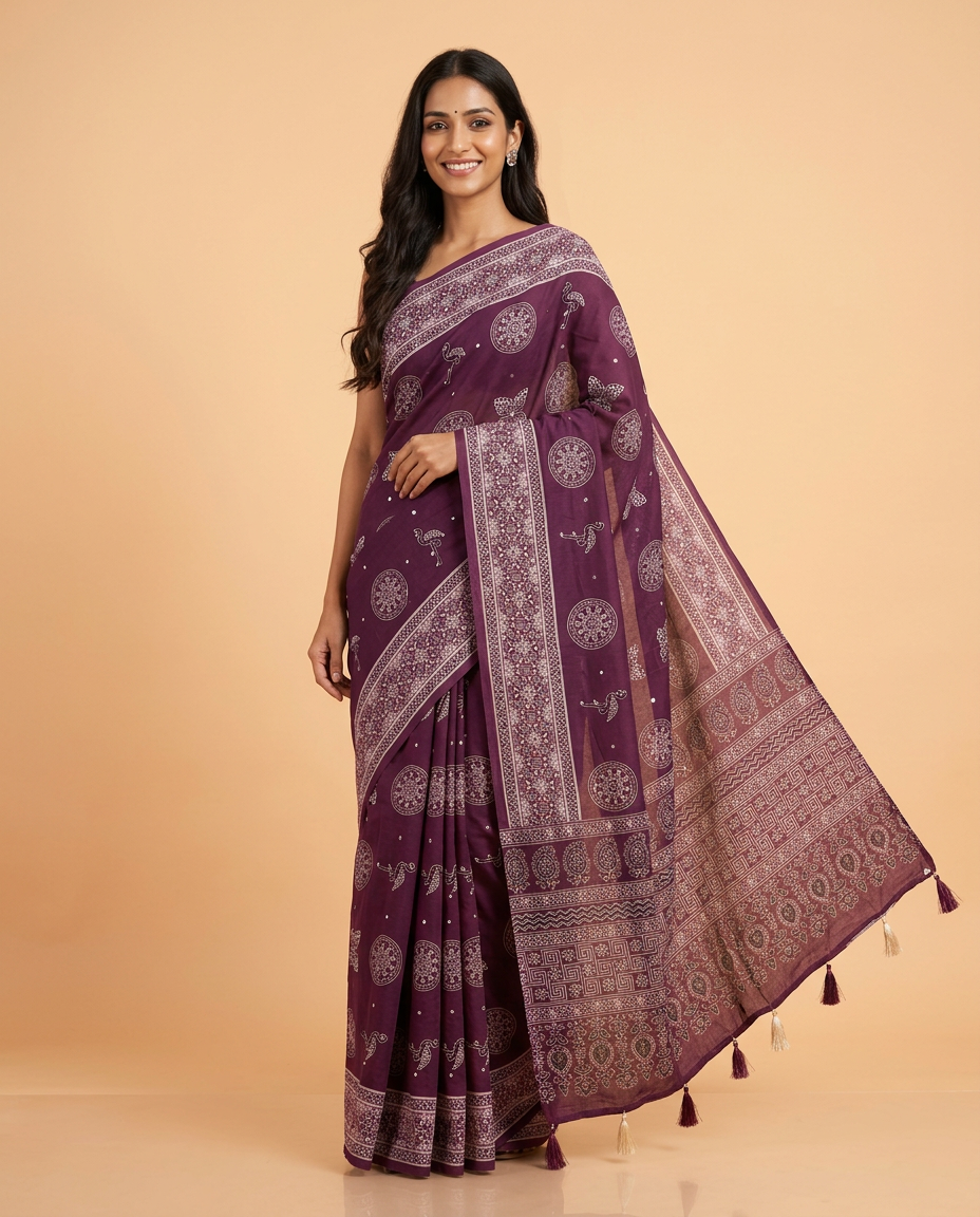 Dark Pink Butterfly Ajrakh Saree
